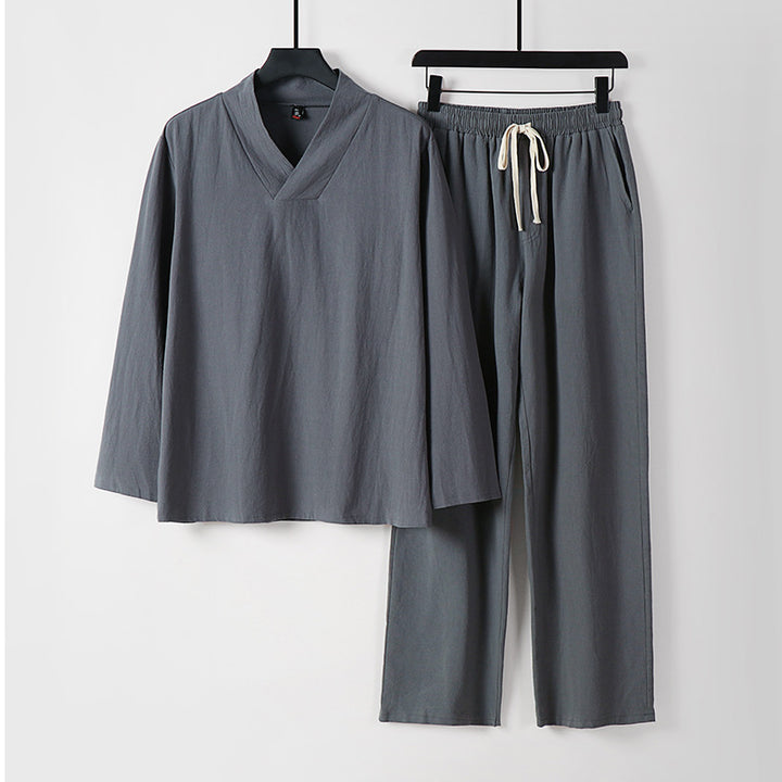 Unisex Zen-inspiriertes Leichtes Loungewear-Set mit V-Ausschnitt-Shirt und Elastischer Kordelbund-Hose Drune