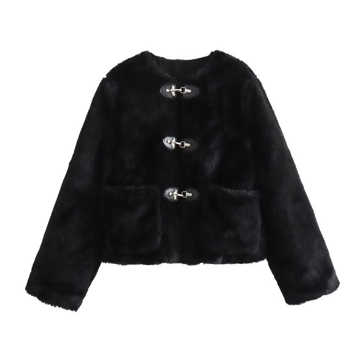 Damen Kurz geschnittene Teddyjacke mit Knebelverschlüssen und aufgesetzten Taschen Drune