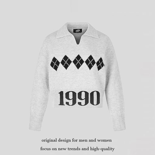 Damen Cropped Strickpullover mit Polokragen, Rippbund und Argyle‑Motiv Drune