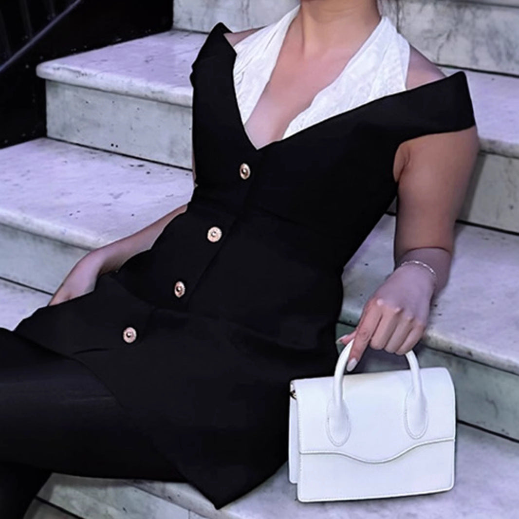 Damen Minikleid mit schickem trägerlosen Ausschnitt und eleganter Knopfverschluss Drune