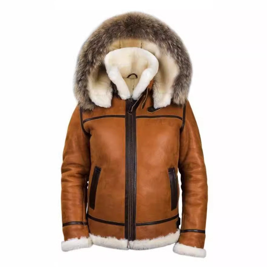 Herren Lammfell-Bomberjacke im Aviator-Stil mit Kapuze und Kontrastlederbesatz Drune