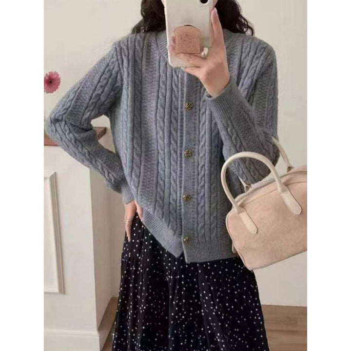 Damen elegante Strickjacke mit Zopfmuster und dekorativen Knöpfen Drune