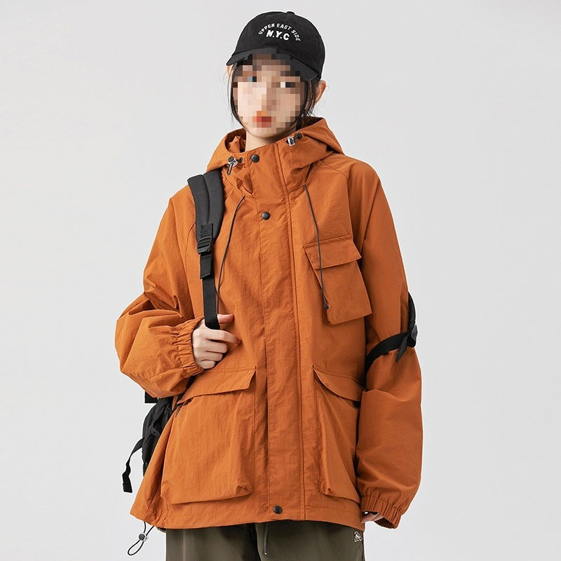 Damen Oversize Utility-Übergangsjacke mit Kapuze, Mehrfach-Taschen & Kordelzug Drune