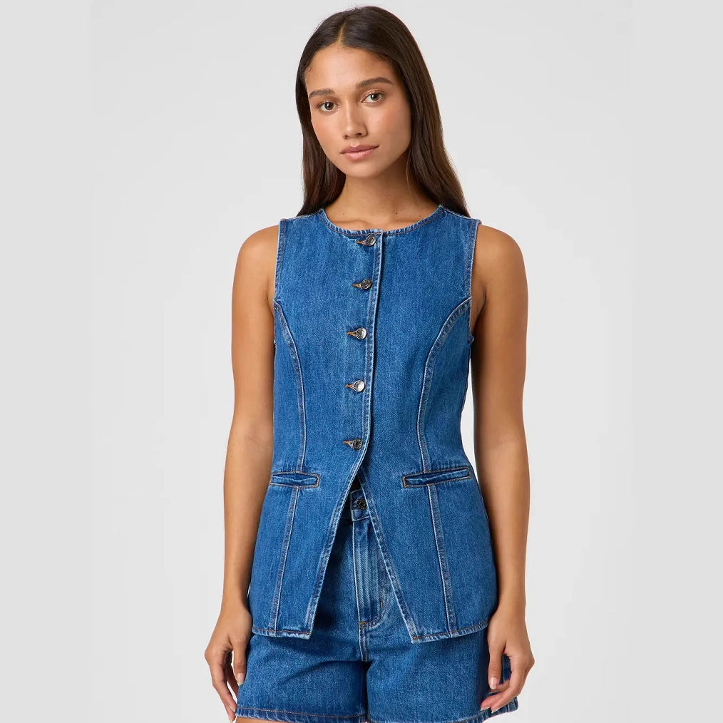 Damen Jeansweste mit tailliertem Schnitt und Knopfdetails Drune