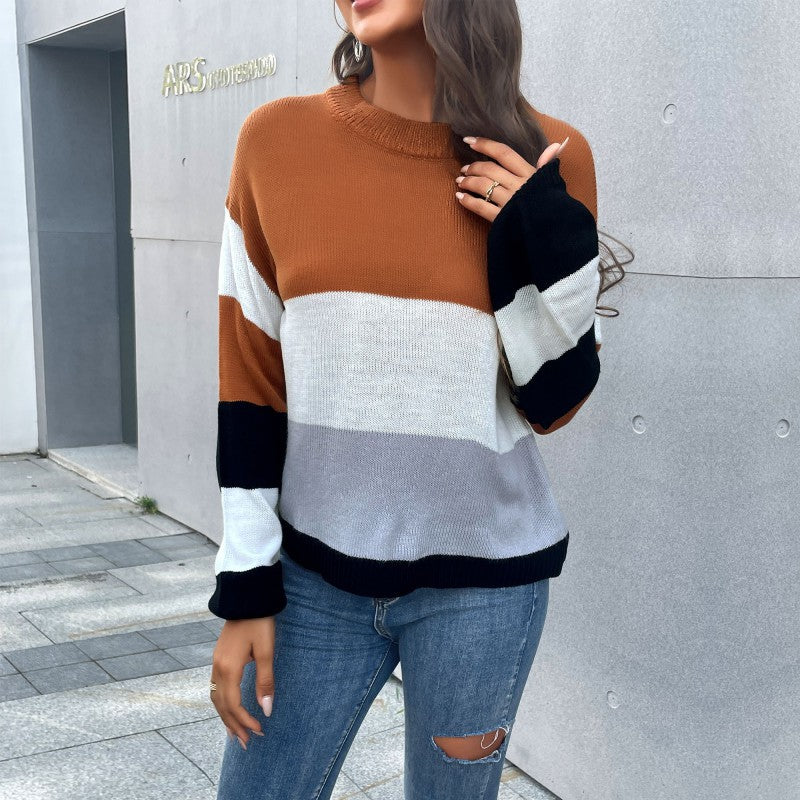 Damen Oversize-Blockstreifen-Strickpullover mit weitem Trompetenärmel Drune
