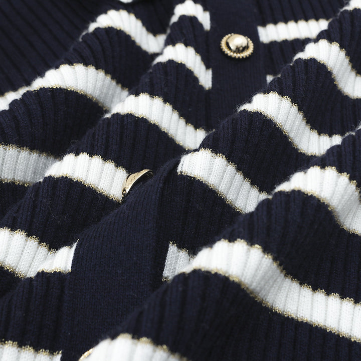 Damen Marin-inspiriertes Rippenstrick-Cardigan mit Polokragen und Zierknopfleiste Drune