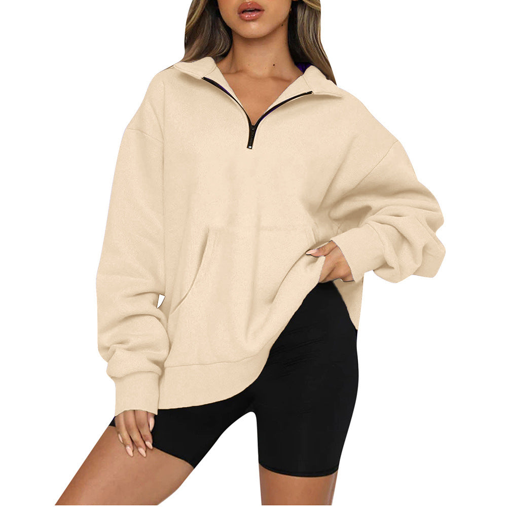Damen nan Oversize-Halbzip-Kapuzenpullover mit Kängurutasche und verlängertem Saum Drune