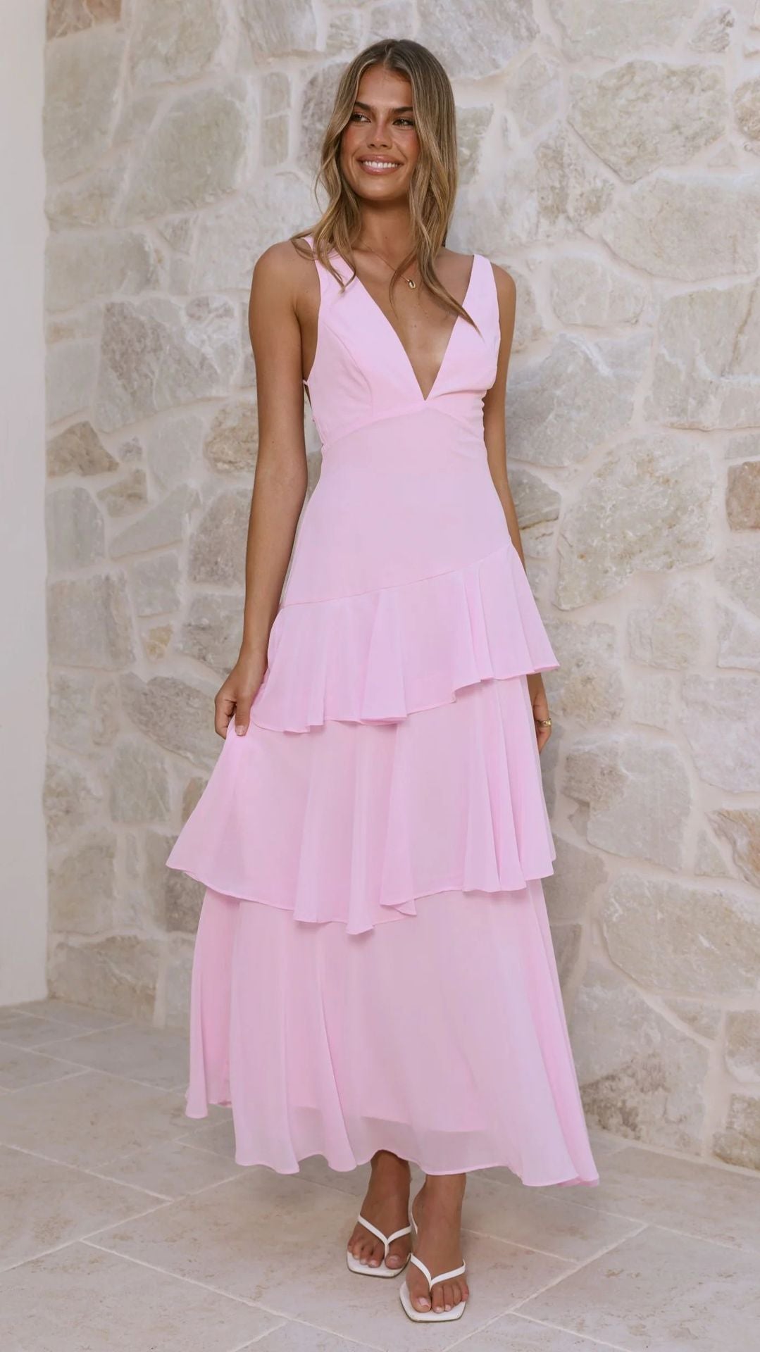 Damen Maxikleid mit verführerischen Rüschenschichten und tiefem V-Ausschnitt Drune