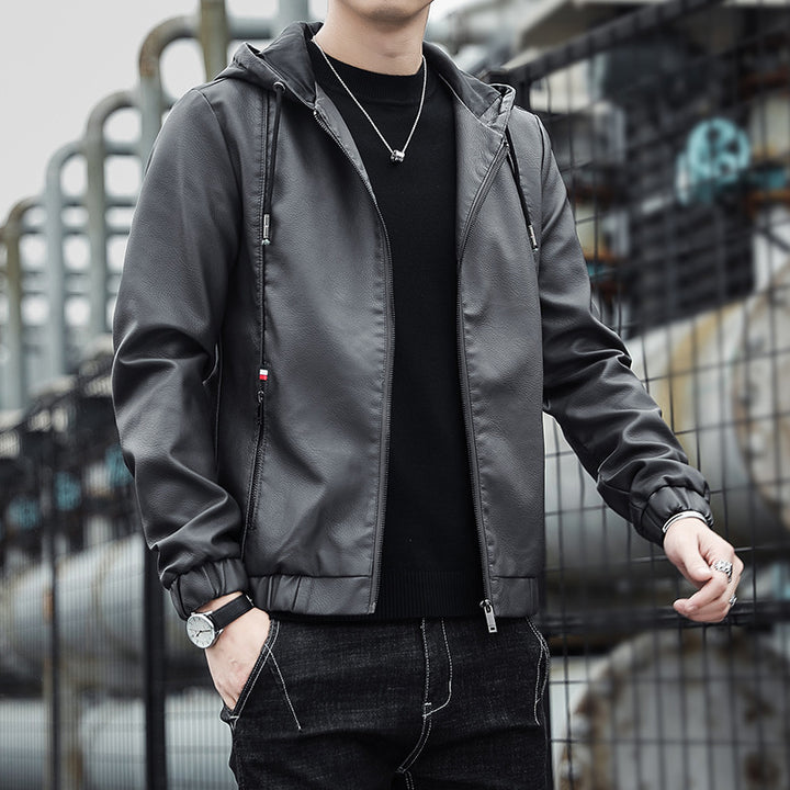 Herren Modische Kunstlederjacke mit verstellbarer Kapuze Drune