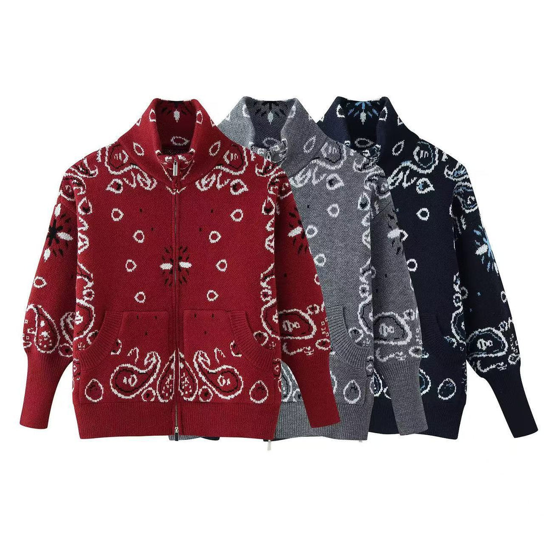 Damen Grobgestrickte Strickjacke mit Reißverschluss, Paisley‑Jacquard und Stehkragen Drune