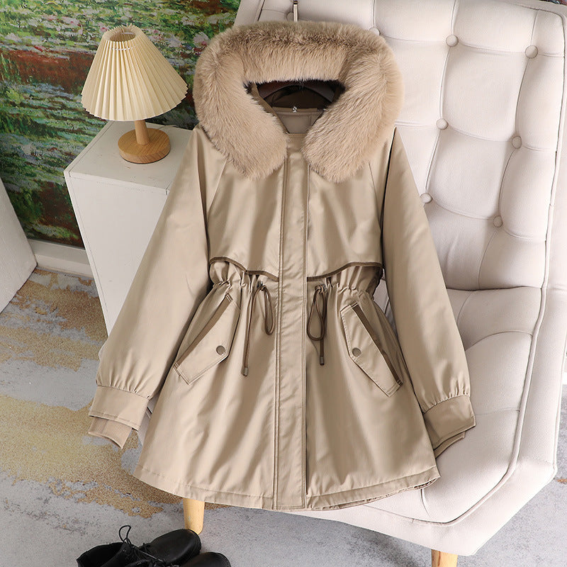 Damen modische Übergangsjacke mit abnehmbarem Kunstfellkragen und Taillenzug Drune