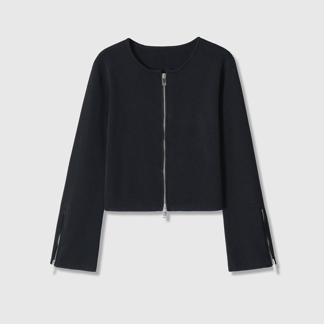 Damen Kurzgeschnittene Feinstrick-Jacke mit Zwei-Wege-Reißverschluss und Ärmelzipper Drune