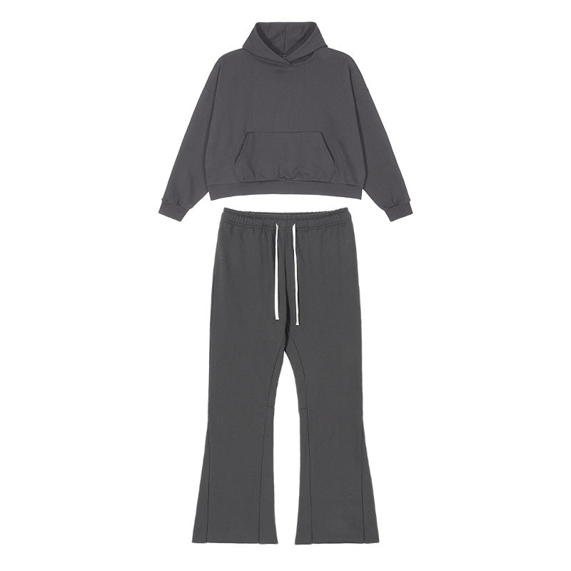 Damen Cropped-Kapuzenpullover und ausgestellte Sweathose Lounge-Set aus French-Terry Drune