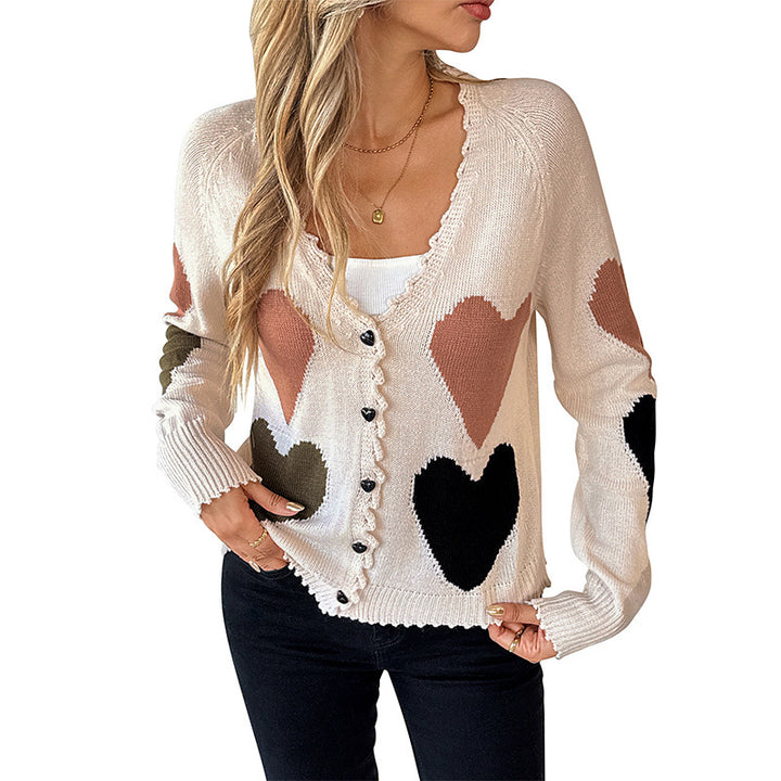 Damen Gestrickter V-Ausschnitt-Cardigan mit Herzintarsien und gewellter Kante Drune