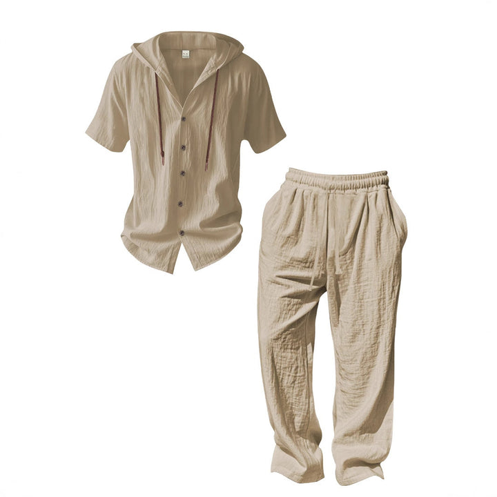 Herren nan luftiges Leinen-Lounge-Set mit kurzärmeligem Kapuzenhemd und gerader Relaxhose Drune