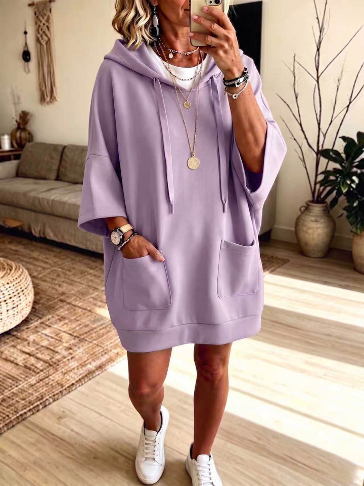 Damen Oversize Hoodie-Kleid mit Kängurutaschen und halblangen Ärmeln Drune