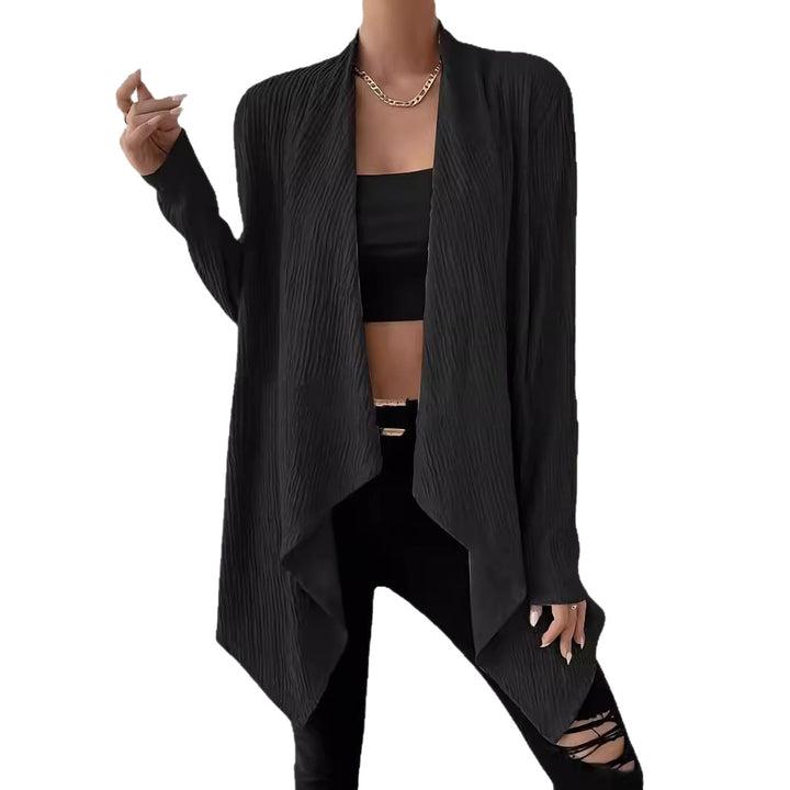 Damen Offener Crinkle-Cardigan mit Wasserfall-Saum und Longline-Silhouette Drune