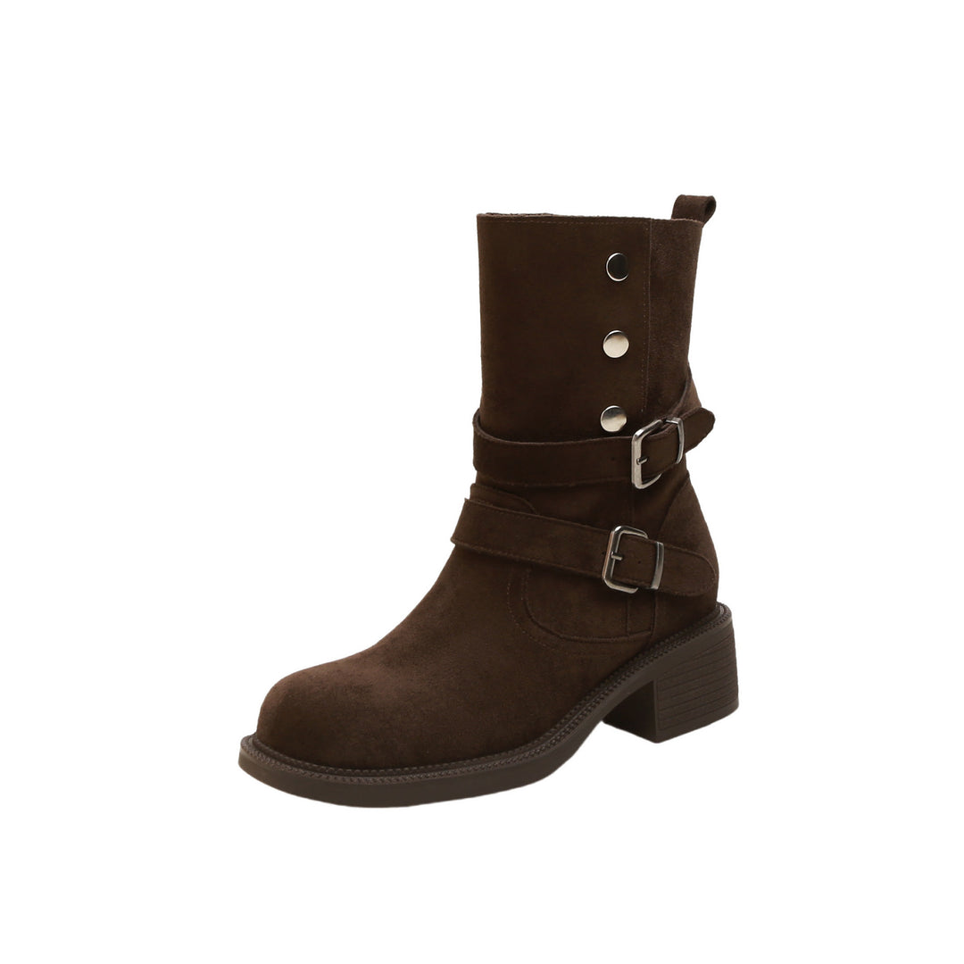Damen Kurzschaft-Bikerboot aus Wildleder mit verstellbaren Schnallen und markantem Blockabsatz Drune