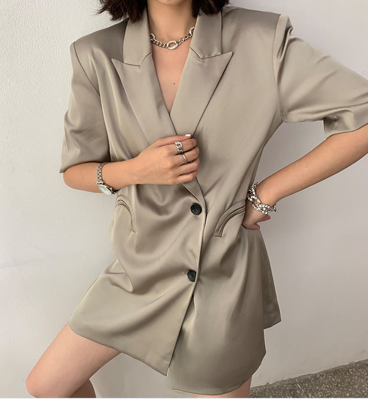 Damen Eleganter Satin-Blazer mit doppelter Knopfleiste Drune
