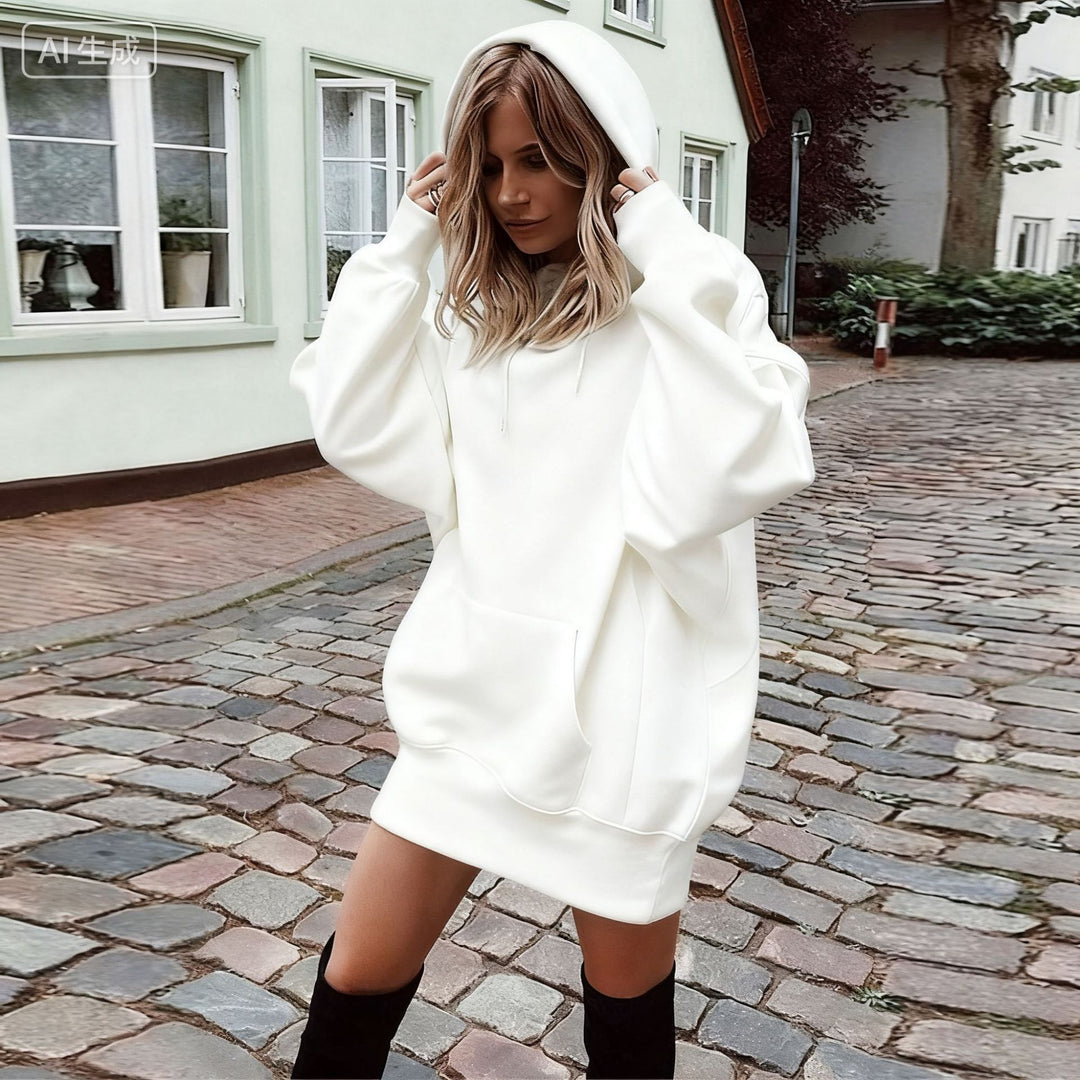 Damen Oversize Kapuzenkleid mit Kängurutasche Drune