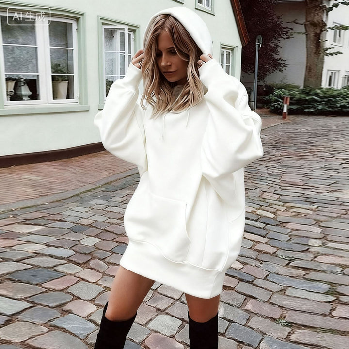 Damen Oversize Kapuzenkleid mit Kängurutasche Drune