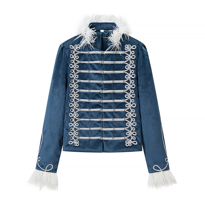 Damen Samt‑Militärjacke mit Zierriegeln und Federbesatz Drune
