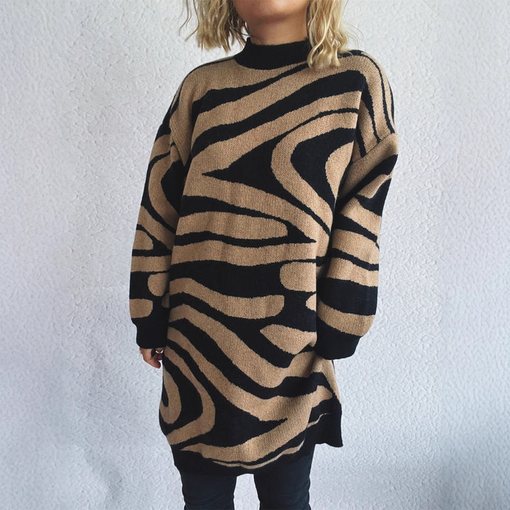 Damen oversized Strickpullover mit modernem Zebramuster Drune