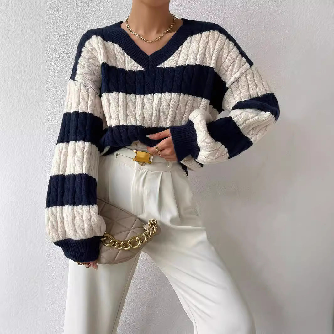 Damen nan gestreifter Grobstrick-Pullover mit Zopfmuster, tiefem V-Ausschnitt und oversized Passform Drune