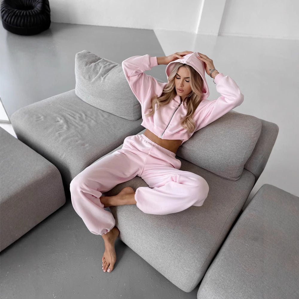 Damen Zweiteiliges Cropped-Zip-Hoodie Set mit taillenhoher Relax-Jogginghose und elastischem Bund Drune