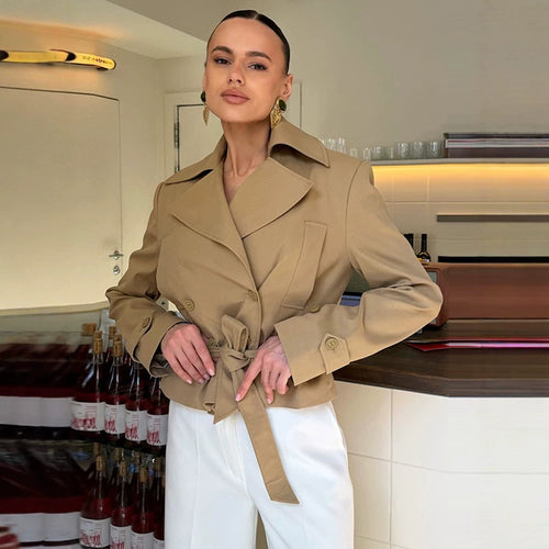 Damen Tailliertes Trench-Set mit Schößchen, Bindegürtel & Bleistiftrock Drune
