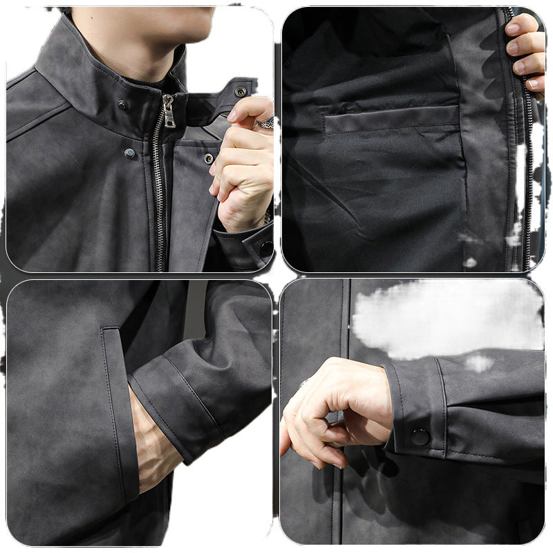 Herren stylische Kunstlederjacke mit hochgeschlossenem Kragen und praktischen Taschen Drune