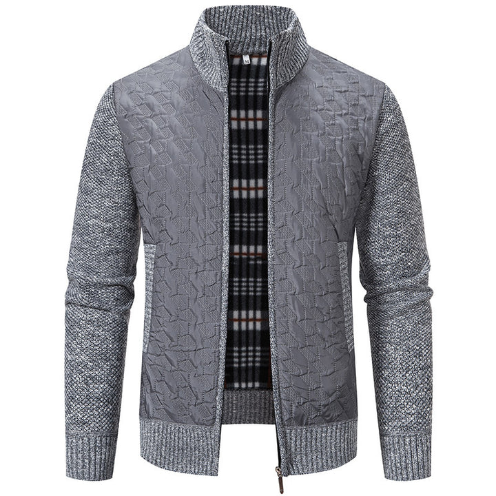 Herren gesteppte Strick‑Hybridjacke mit Stehkragen, durchgehendem Reißverschluss und kariertem Futter Drune