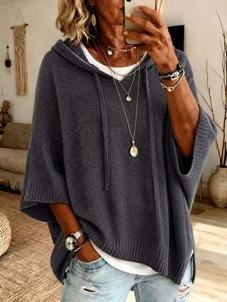 Damen nan Oversize Strickponcho mit Kapuze und kurzen Ärmeln Drune