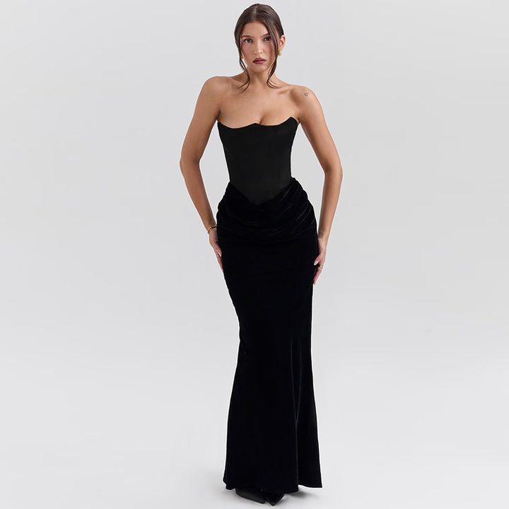 Damen elegantes A-Linien-Maxikleid mit gerafftem Oberteil und trägerlosem Design Drune