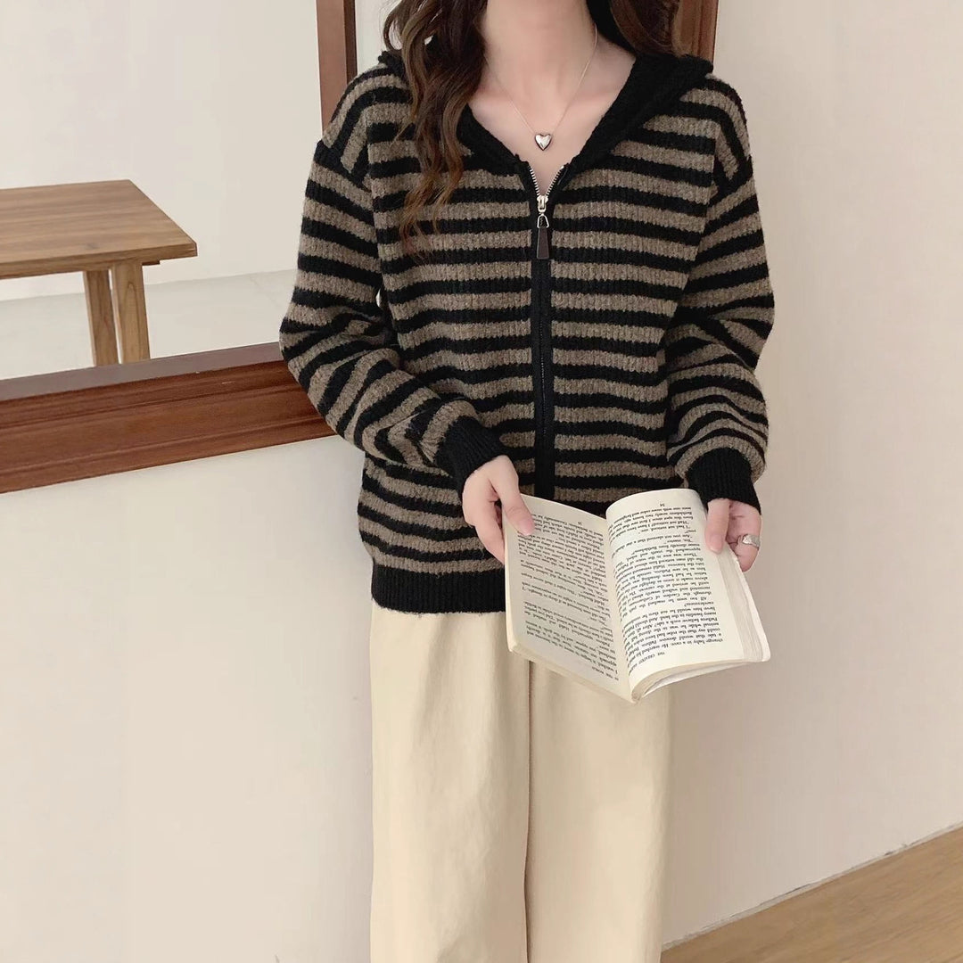 Damen lässiger Strickpullover mit Kapuze und Reißverschluss Drune