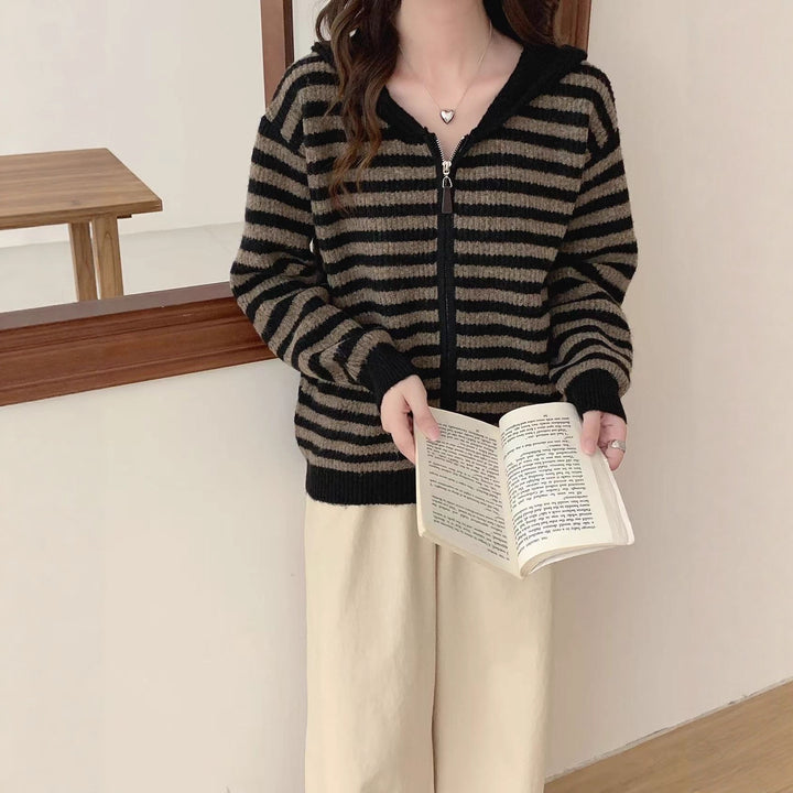 Damen lässiger Strickpullover mit Kapuze und Reißverschluss Drune