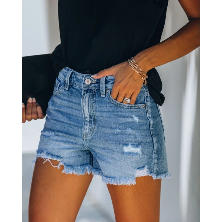 Damen Destroyed Jeansshorts mit hohem Bund und franjierter Saumkante Drune