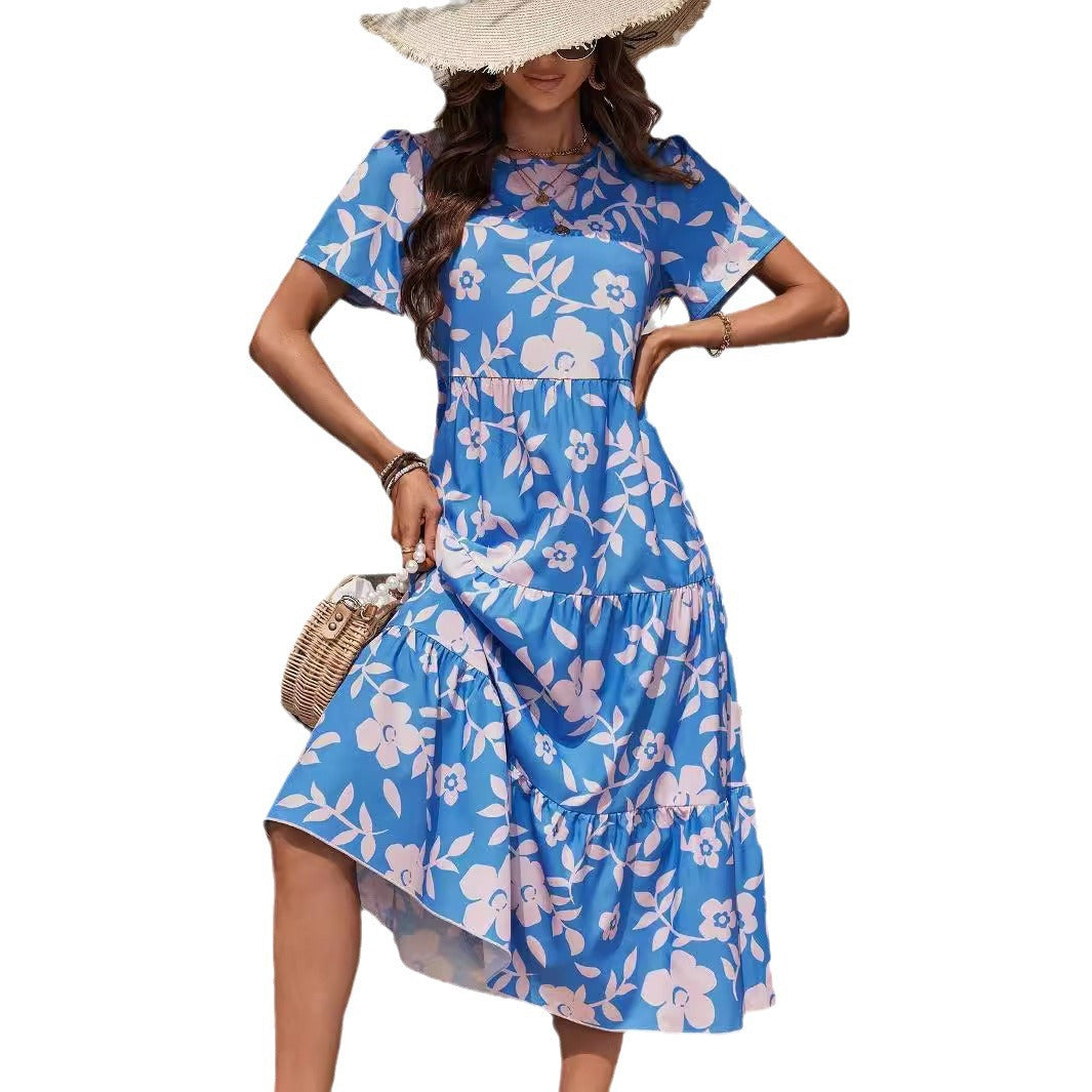 Damen nan luftiges Stufenmidikleid mit hoher Taillennaht, kurzem Ärmel und durchgehendem Blumenmuster Drune