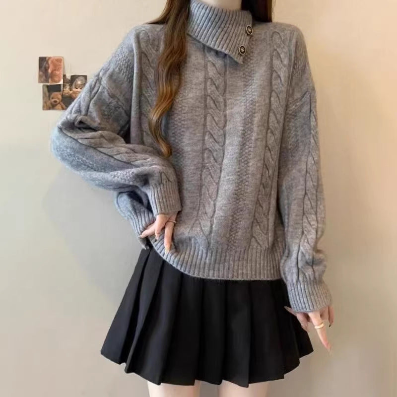Damen Grobstrickpullover mit hochgeschlossenem Kragen und Knopfdetails Drune