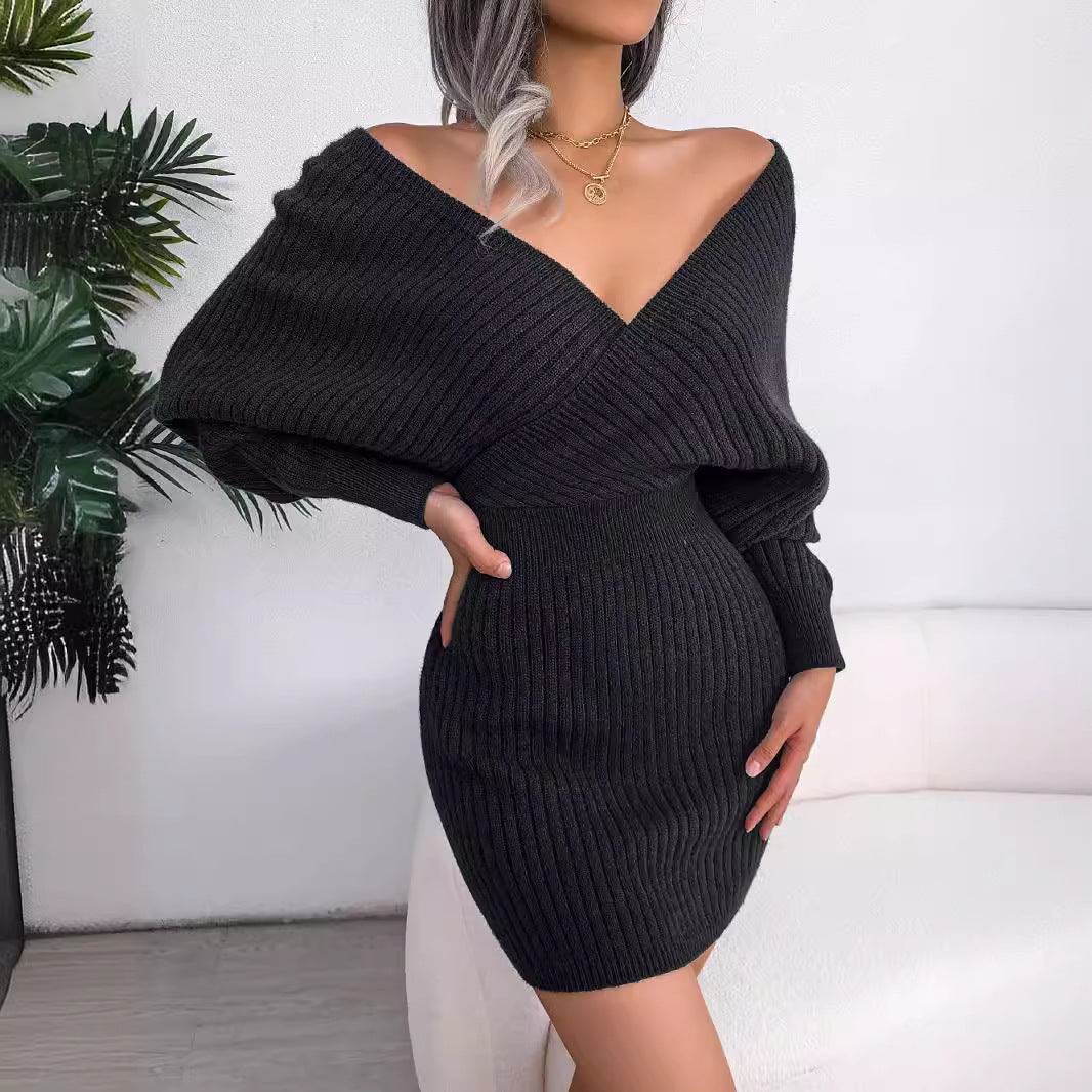 Damen Strickkleid mit tiefem V-Ausschnitt und voluminösen Ärmeln Drune