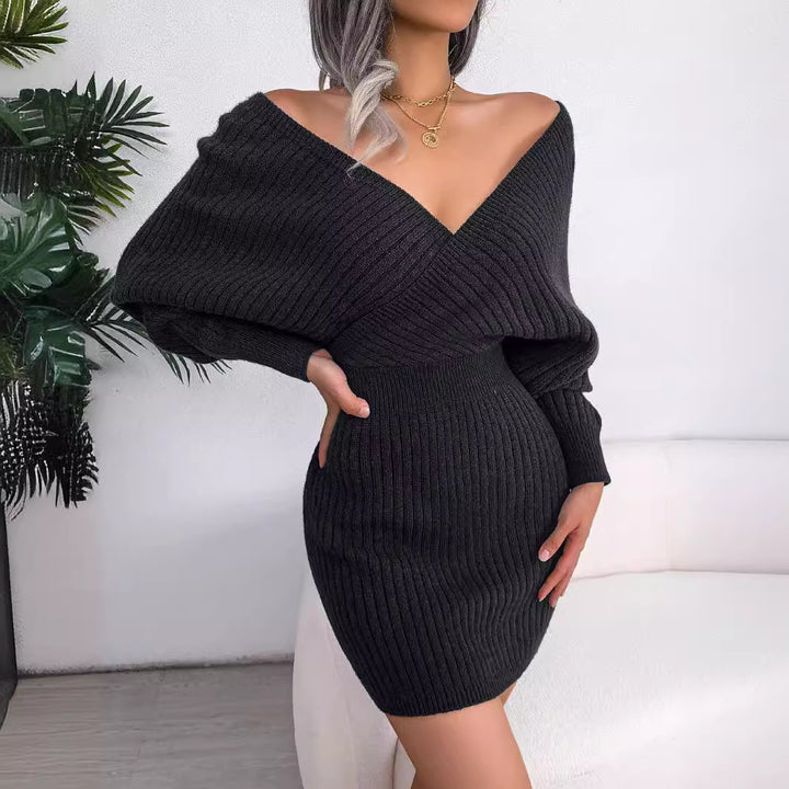 Damen Strickkleid mit tiefem V-Ausschnitt und voluminösen Ärmeln Drune