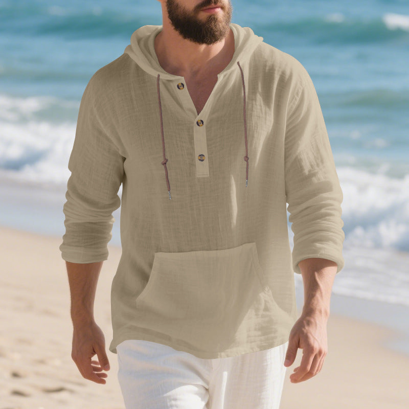 Herren lässiges Kapuzenshirt mit Knopfleiste und praktischer Kängurutasche Drune