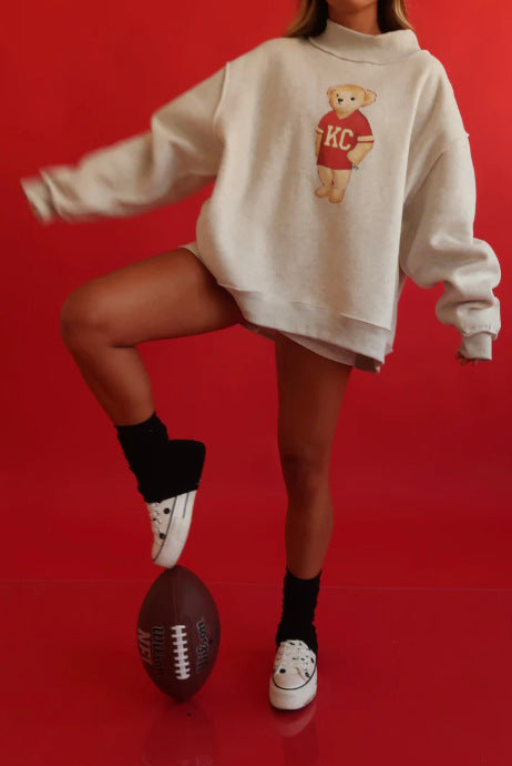 Damen nan weit geschnittener Sweatpullover mit Teddybär-Print und Stehkragen Drune