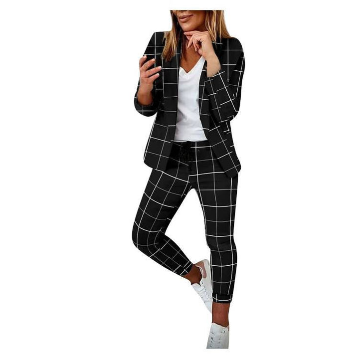 Zweiteiliges Set für Damen: Hosenanzug mit Muster, bestehend aus einem langärmeligen Blazer (offene Front, taillierter Schnitt) und einer unifarbenen langen Hose – ideal fürs Büro – DRUNE