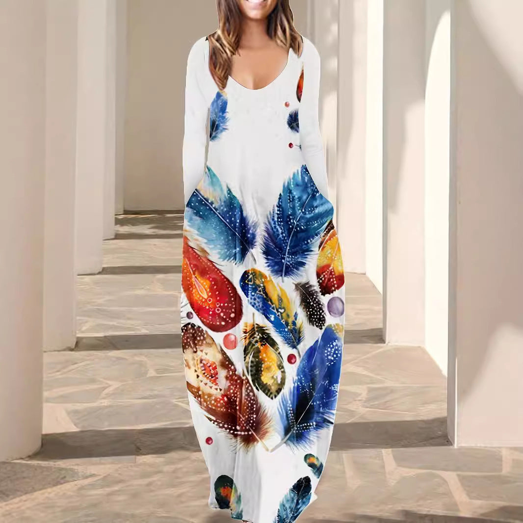 Damen Fließendes Maxikleid mit auffälligem Federmotiv, tiefem Rundhalsausschnitt und Seitentaschen Drune