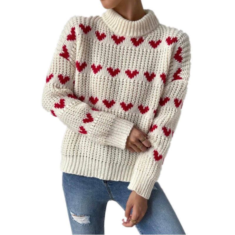Damen nan Grobstrickpullover mit eingestrickten Herzmotiven, hohem Stehkragen und lässiger Oversize-Silhouette Drune