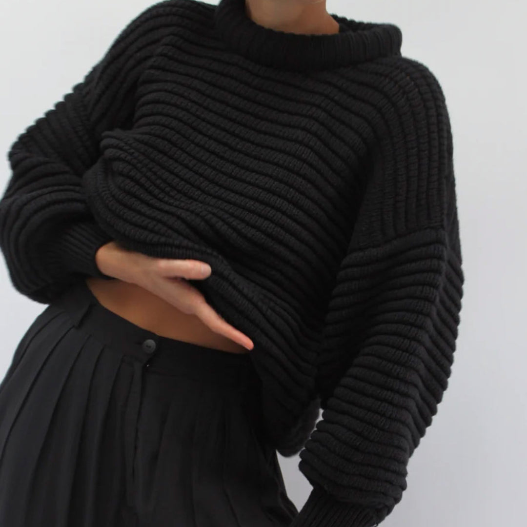 Damen lockerer Strickpullover mit hohem Kragen und breiten Rippbündchen Drune