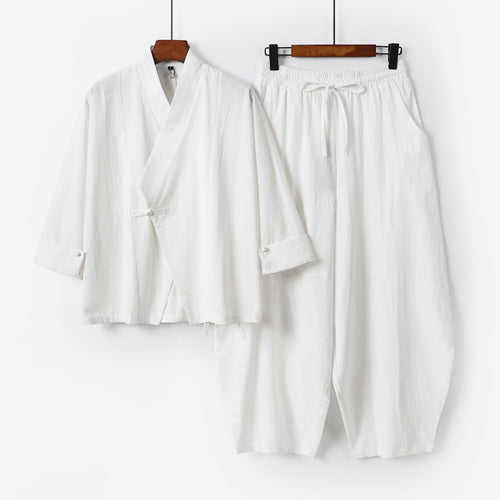 Herren Minimalistisches Kimono-Lounge-Set aus atmungsaktivem Baumwollmix mit ballonförmiger Bundhose Drune
