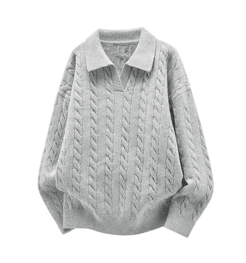 Damen Oversize Kabelstrick-Polo-Pullover mit V‑Ausschnitt und geripptem Saum Drune