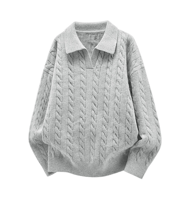 Damen Oversize Kabelstrick-Polo-Pullover mit V‑Ausschnitt und geripptem Saum Drune